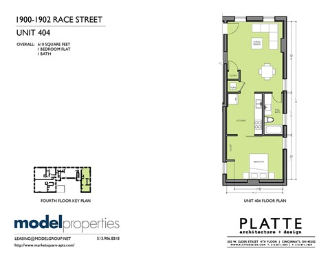 Floor plan for 1 bed, 1 bath, 610 sqft